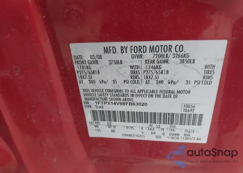 2008 Ford F-150 Fx4/Lariat/Xl/Xlt from USA, damaged, VIN 1FTPX14V98FB63020